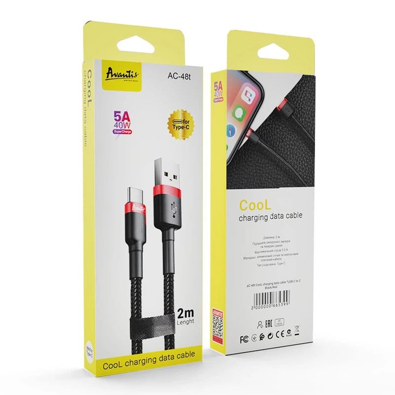 Кабель Avantis AC-48t Cool USB – Type-C 2м- чорно-червоний