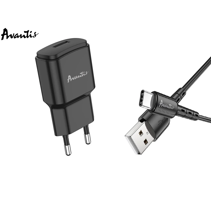 Мережевий зарядний пристрій Avantis A480 Orion (1USB/2.1A) + USB кабель Type-C- чорний