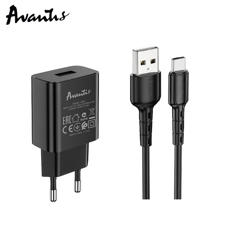 Мережевий зарядний пристрій Avantis A820 (1USB/2.4A) + USB кабель Type-C- чорний