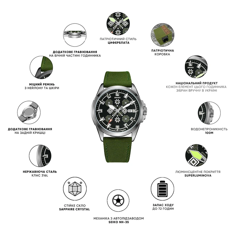 Awarder Embroidery Black-Red Green  Automatic 10ATM