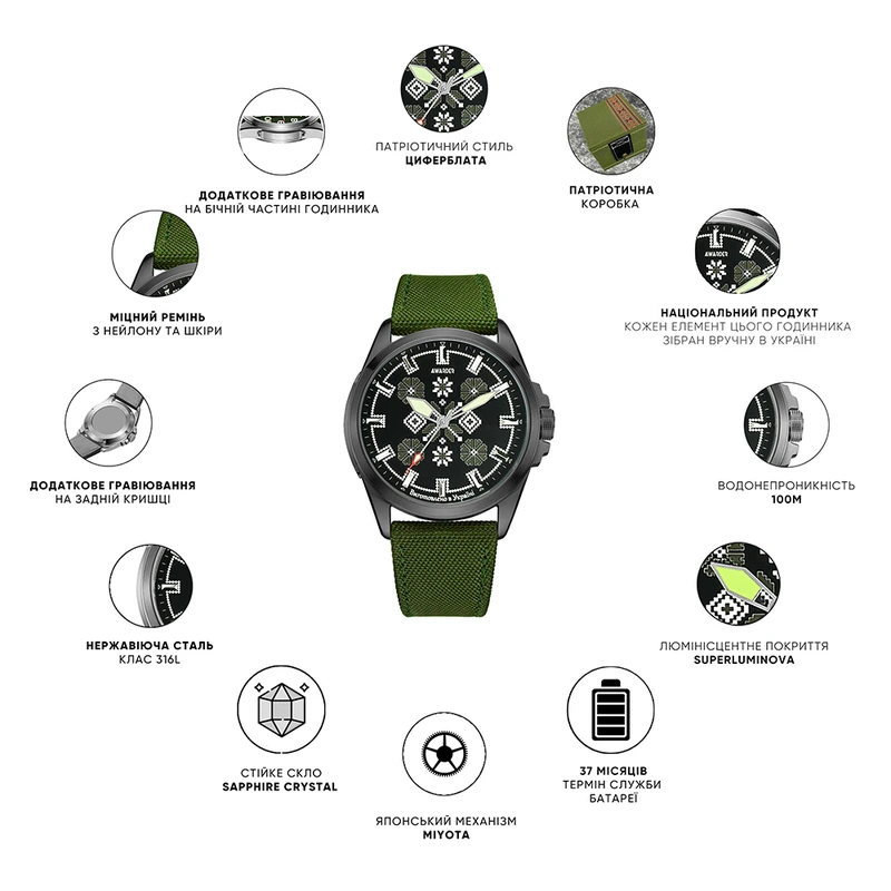 Awarder Embroidery Silver-Green Khaki Battery 10ATM