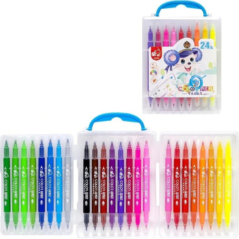 Набір двосторонніх фломастерів 249-24(Blue) у пластиковому боксі, 24 кольори