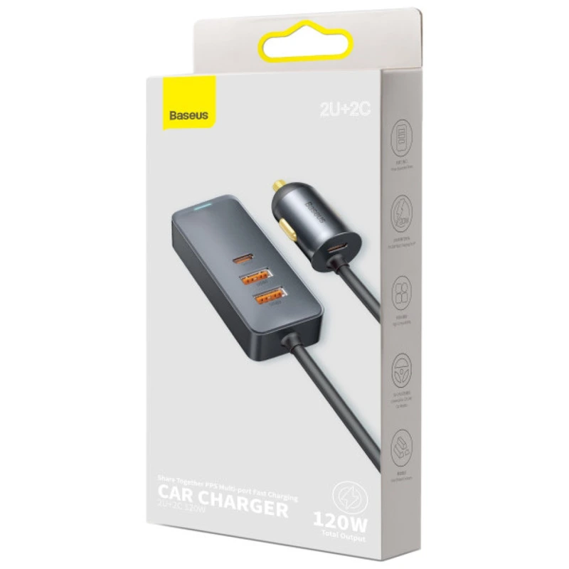 Автомобільний зарядний пристрій Baseus Share Together PPS multi-port Fast charging with extension cord 120W 2U+2C Gray