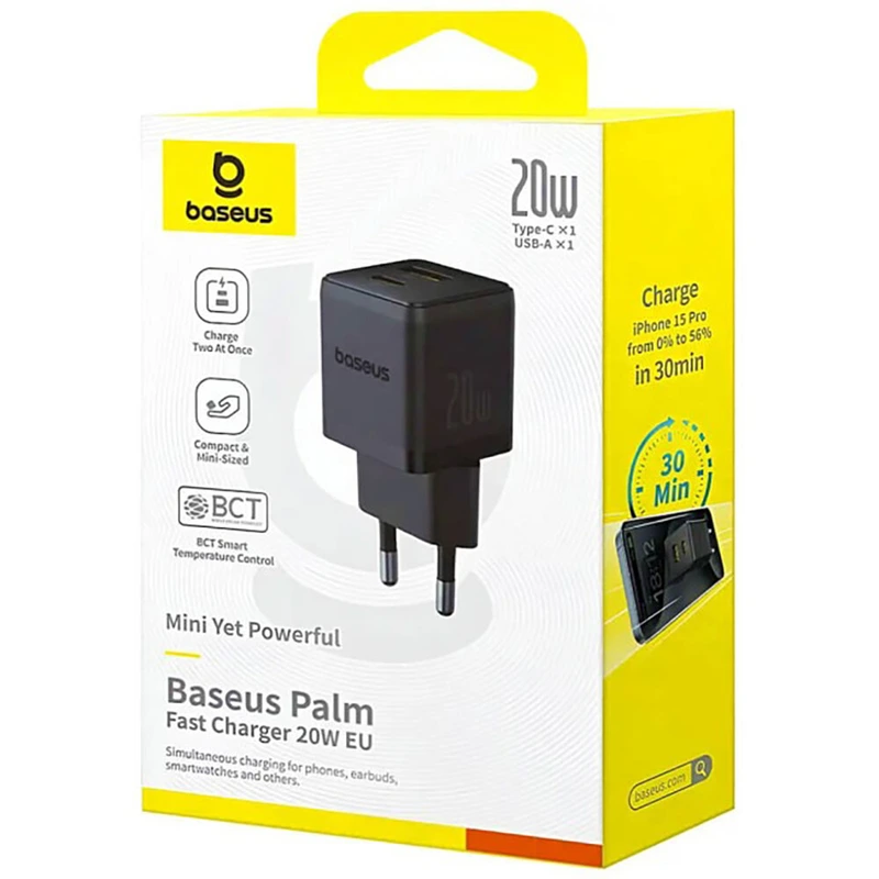 Мережевий зарядний пристрій Baseus Palm Fast Charger C+U 20W EU Cluster Black