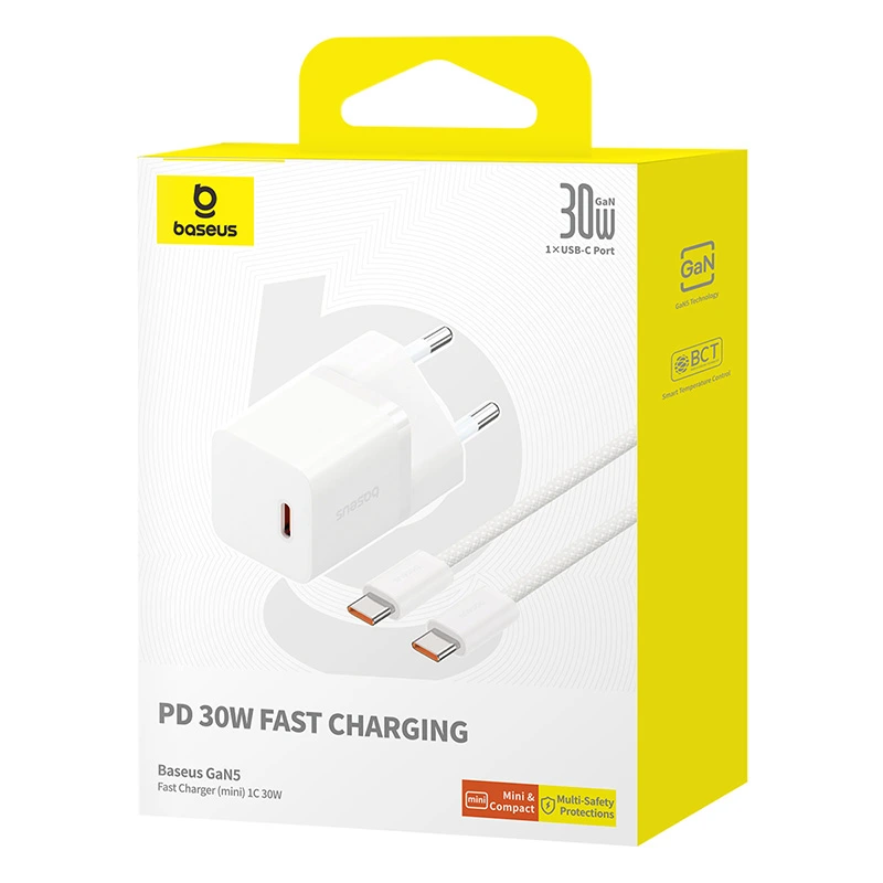 Мережевий зарядний пристрій з кабелем Baseus GaN5 Fast Charger(mini) 1C 30W EU Moon White(With: Fast Charging Data Cable Type-C)