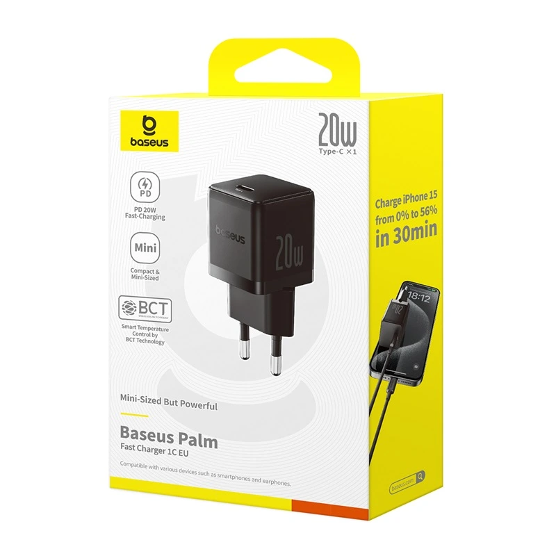 Мережевий зарядний пристрій з кабелем Baseus Palm Fast Charger 1C 20W EU Cosmic Black  set USB-C to iP 20W 1m