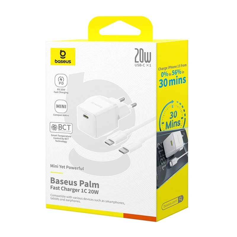 Мережевий зарядний пристрій з кабелем Baseus Palm Fast Charger 1C 20W EU Moon White (with Baseus Cable USB-C to USB-C 1m Moon White)