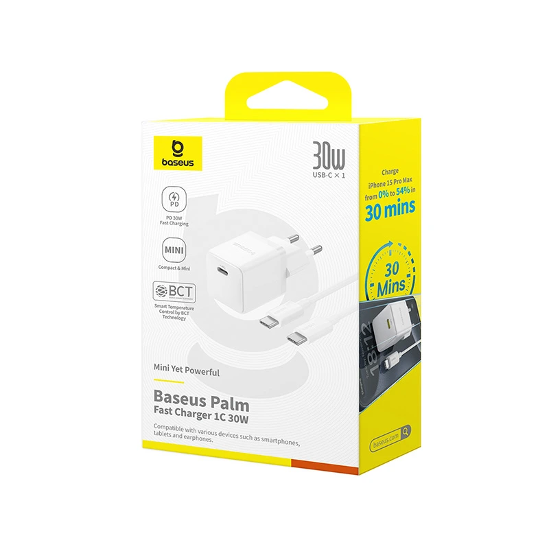 Мережевий зарядний пристрій з кабелем Baseus Palm Fast Charger 1C 30W EU Moon White(With:Baseus Mini White Cable C to C 60W(20V/3A) 1m Moon White)