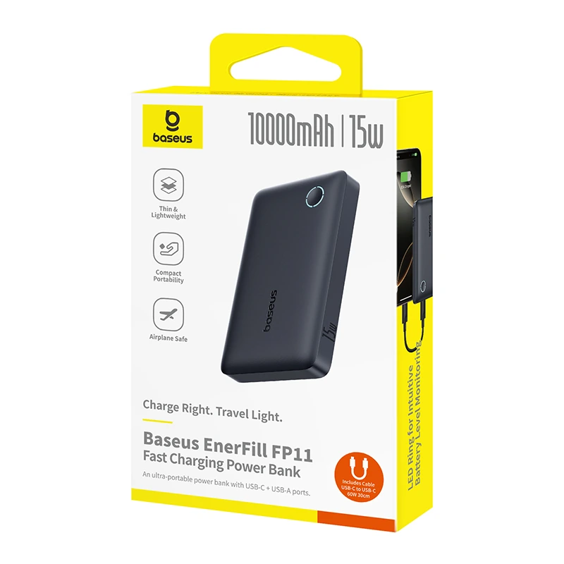 Зовнішній акумулятор Baseus EnerFill FP11 Power Bank 10000mAh 15W Cosmic Black (Includes Simple Type-C to Type-C Cable 20V/3A 30cm Black)
