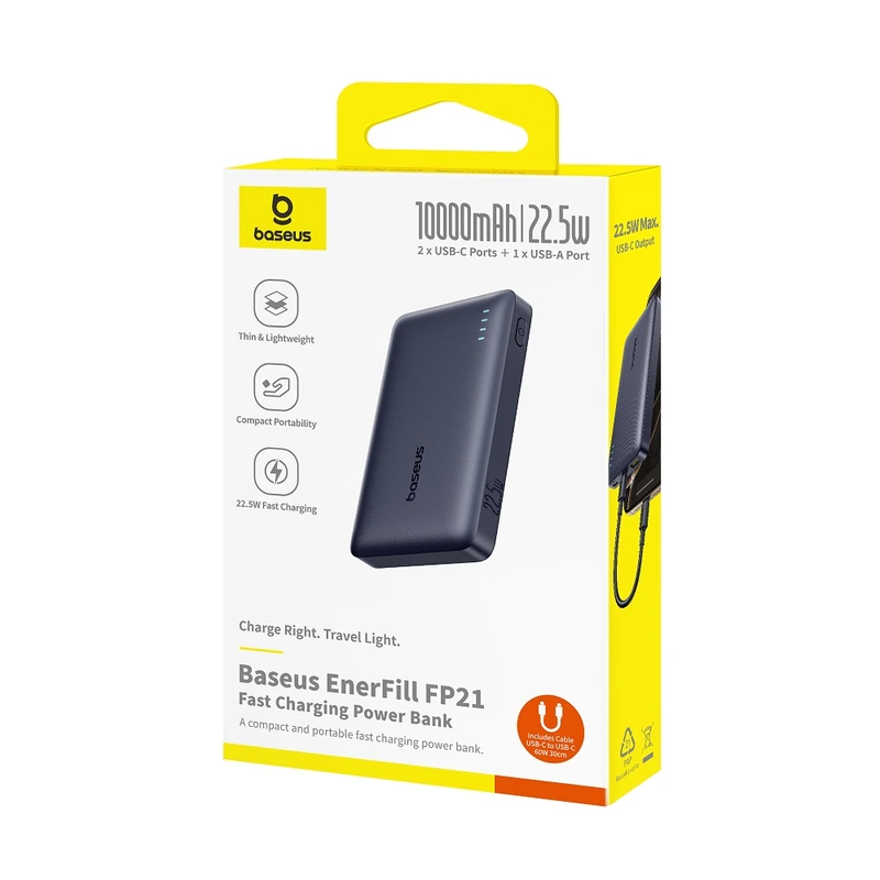 Зовнішній акумулятор Baseus EnerFill FP21 Power Bank 10000mAh 22.5W Cosmic Black (Includes Simple Type-C to Type-C Cable 20V/3A 30cm Black)