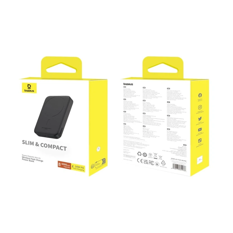 Зовнішній акумулятор Baseus Magnetic Mini Air Wireless Fast Charge Power Bank 6000mAh 20W Cluster Black（With Simple Series Charging Cable Type-C to
