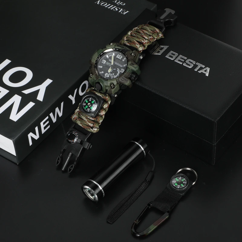 Чоловічий спортивний водостійкий тактичний з компасом годинник Besta Box Military Light подарунковий набір, з компасом