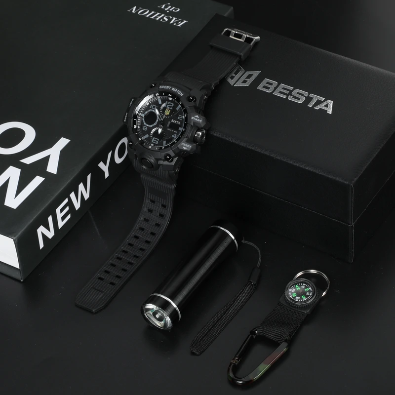 Чоловічий водостійкий спортивний тактичний годинник Besta Box Peremoga Light подарунковий набір, з компасом