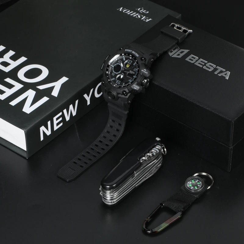 Чоловічий водостійкий спортивний тактичний годинник Besta Box Peremoga Set подарунковий набір, з компасом