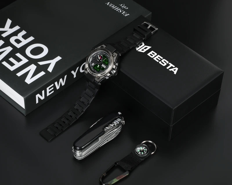 Чоловічий спортивний водостійкий тактичний годинник Besta Box Tattoo ЗСУ Set подарунковий набір, з компасом