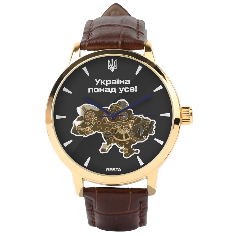 Чоловічий механічний годинник Besta Skeleton Gold Black Dial