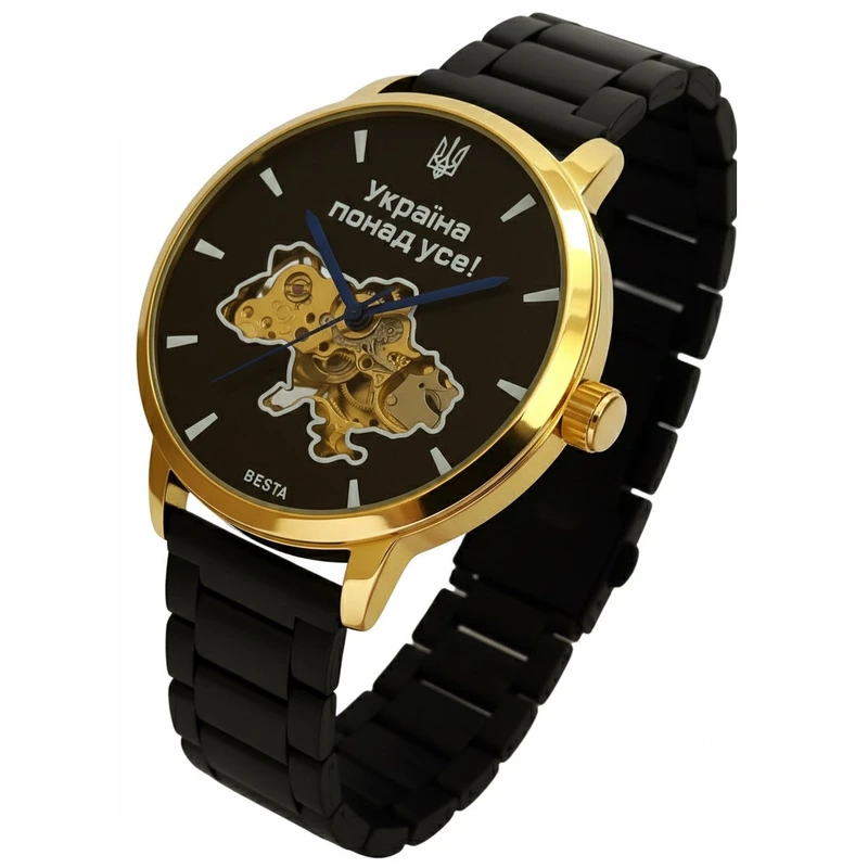 Чоловічий механічний годинник Besta Skeleton Gold Black Metal, 2 ремінці
