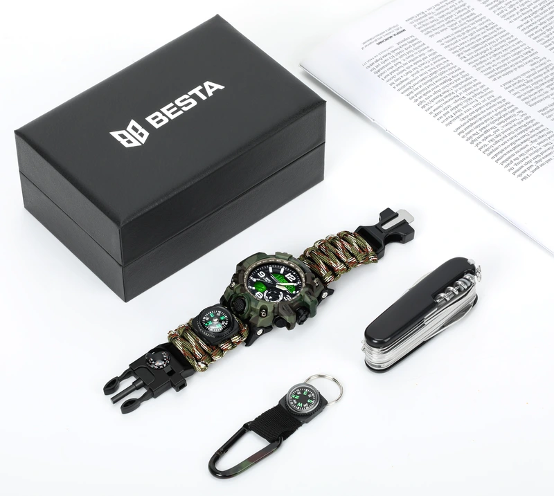Чоловічий спортивний водостійкий тактичний з компасом годинник Besta Box Military Set подарунковий набір, з компасом