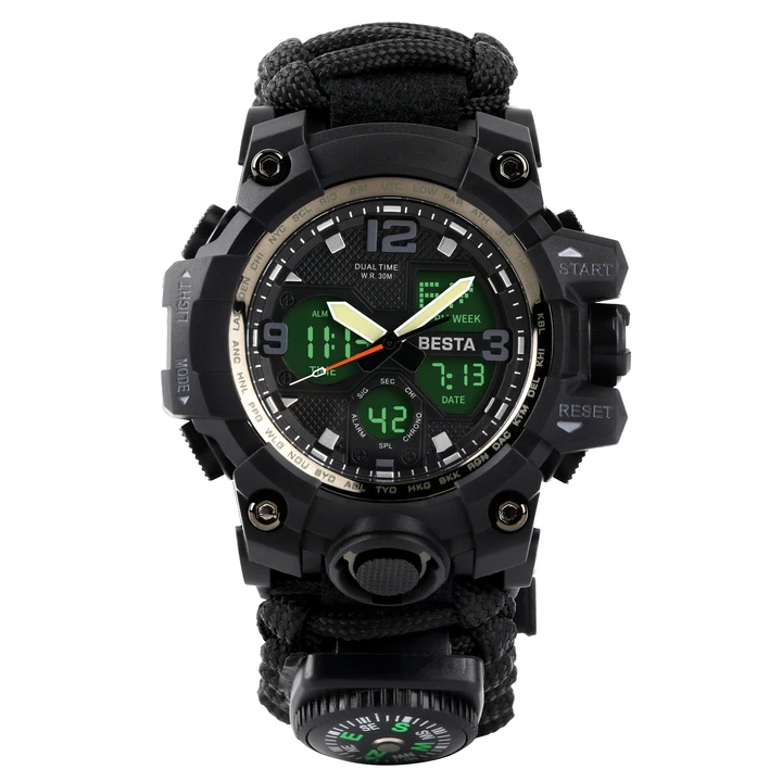Чоловічий спортивний водостійкий тактичний з компасом годинник Besta Life Pro AllBlack з компасом