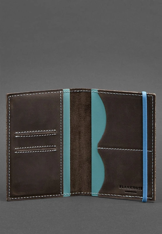 Шкіряна обкладинка для паспорта 2.0 темно-коричнева з бірюзовим