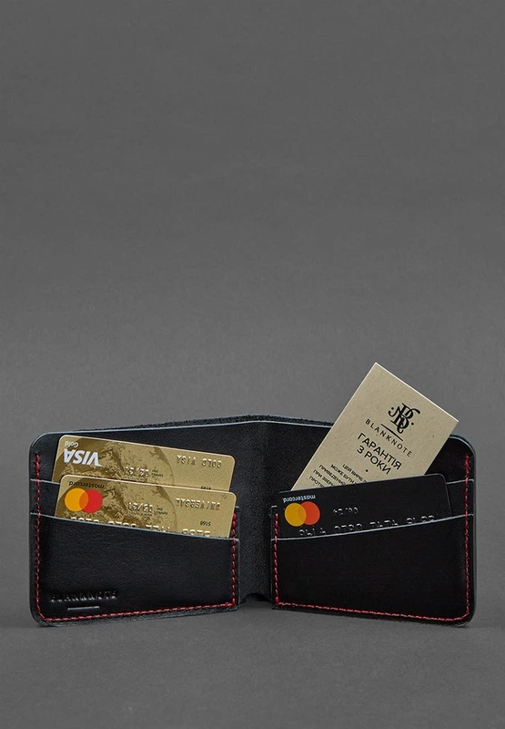 Шкіряне портмоне 4.1 (4 кишені) чорне з червоною ниткою