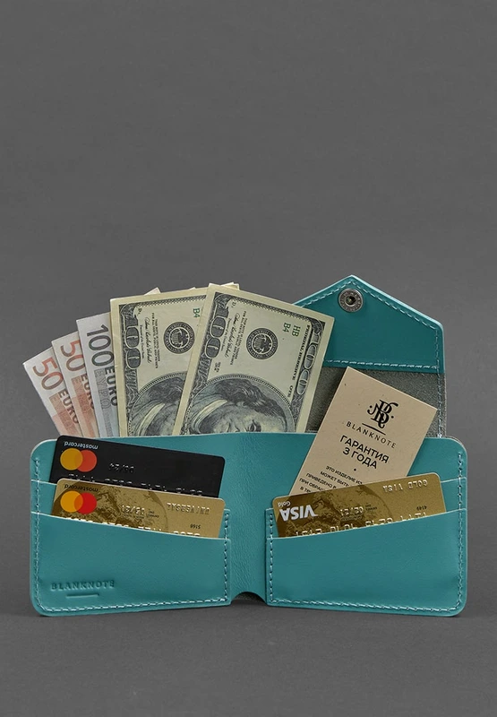 Шкіряне портмоне 4.2 на кнопці бірюзове