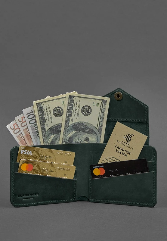 Шкіряне портмоне 4.2 на кнопці зелене Crazy Horse