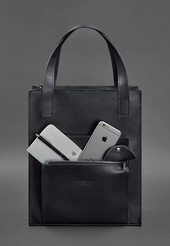 Шкіряна жіноча сумка шоппер Бетсі з кишенею синя Краст