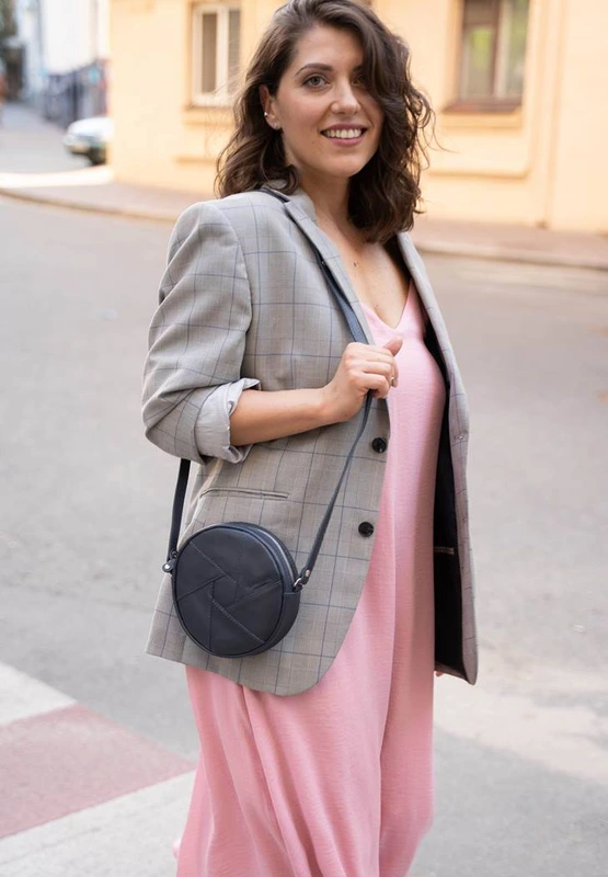 Шкіряна кругла жіноча сумка Бон-Бон темно-синя