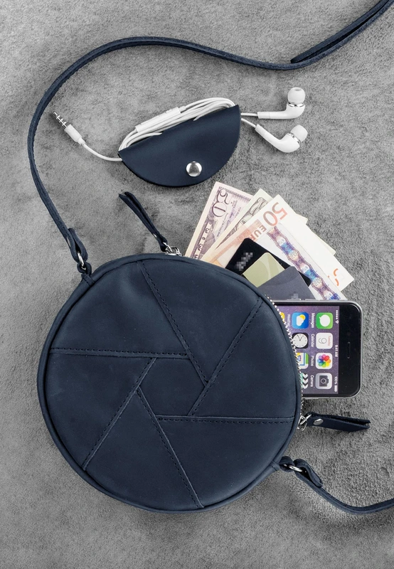 Шкіряна кругла жіноча сумка Бон-Бон синя Crazy Horse