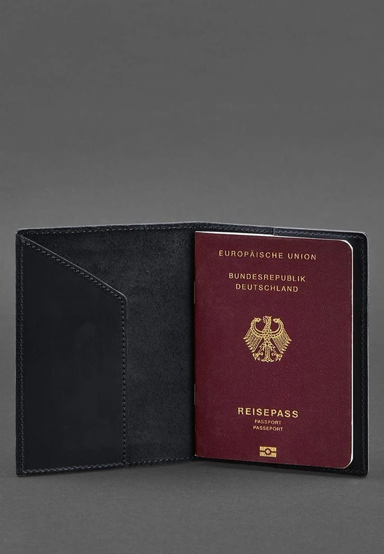 Шкіряна обкладинка для паспорта з гербом Німеччини темно-синя Crazy Horse