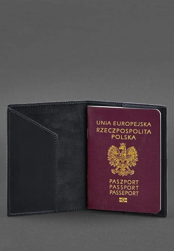 Шкіряна обкладинка для паспорта з польським гербом темно-синя Crazy Horse