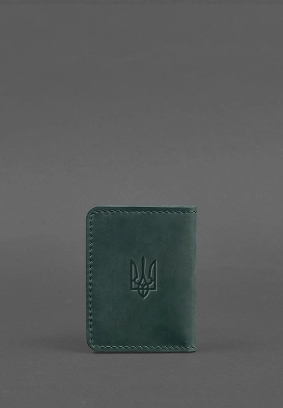 Шкіряна обкладинка для ID-паспорта і водійського повсідчення 4.1 зелена Crazy Horse з гербом