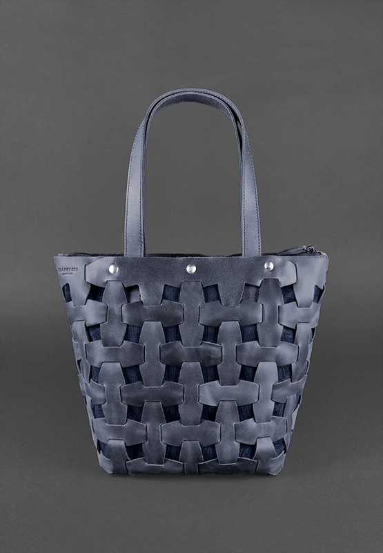 Шкіряна плетена жіноча сумка Пазл L синя Crazy Horse