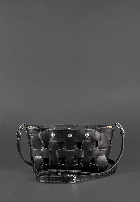 Шкіряна плетена жіноча сумка Пазл S вугільно-чорна