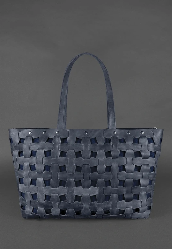 Шкіряна плетена жіноча сумка Пазл Xl синя Crazy Horse