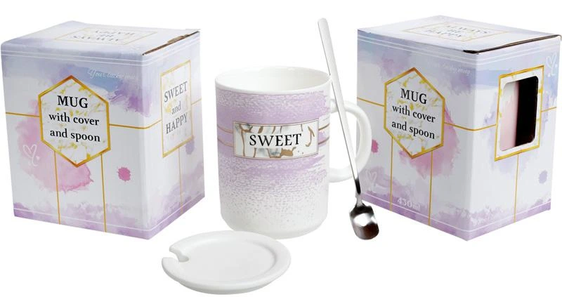 Кружка фарфорова "Акварель" 430мл з кришкою і ложкою