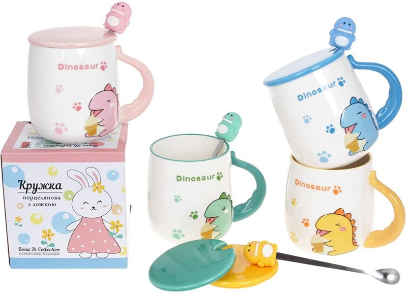 Кружка порцелянова "Dinosaur" 430мл з кришкою і ложкою, 4 дизайни