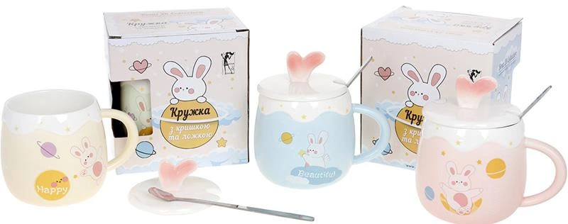 Кружка порцелянова "Funny Rabbits" 430мл з кришкою і ложкою, 4 дизайни