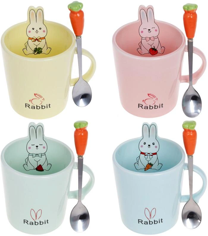 Кружка порцелянова "Rabbit" 380мл з кришкою і ложкою, 4 дизайни
