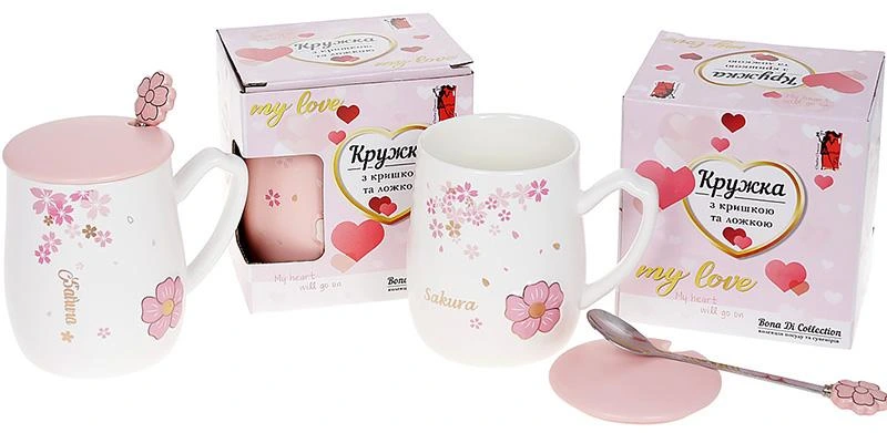 Кружка порцелянова "Sakura" 380мл з кришкою і ложкою, 4 дизайни