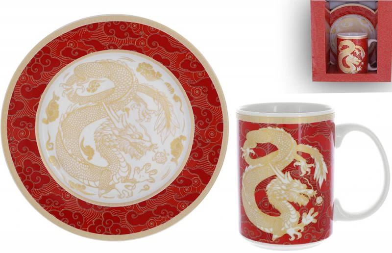 Чайна пара "Золотий Дракон на червоному" кухоль 500мл, тарілка Ø20см, порцеляна (BD-K019)