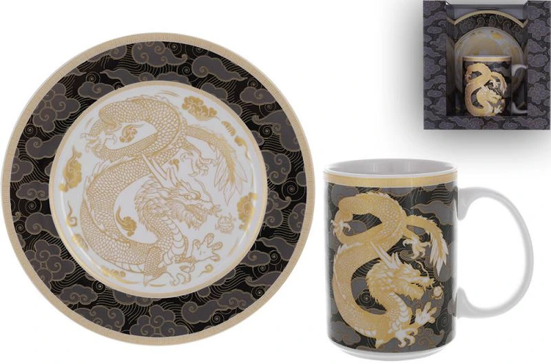 Чайна пара "Золотий Дракон на чорному" кружка 500мл, тарілка Ø20см, порцеляна (BD-K018)