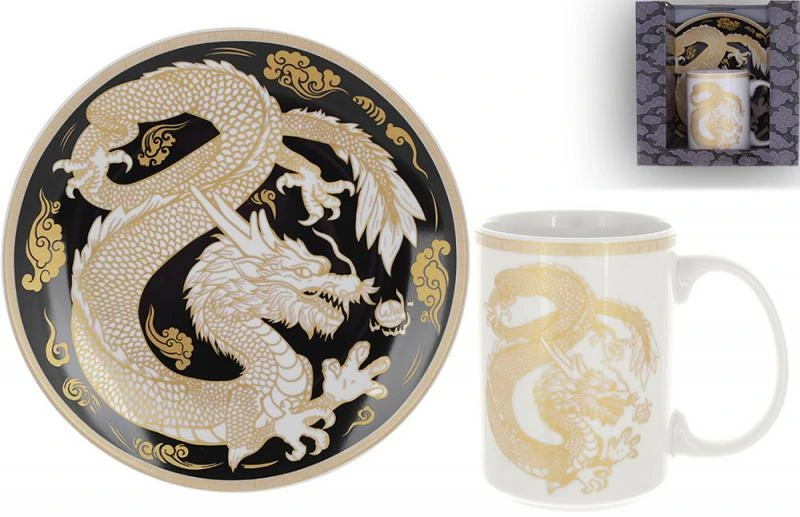 Чайна пара "Золотий Дракон на чорному" кружка 500мл, тарілка Ø20см, порцеляна