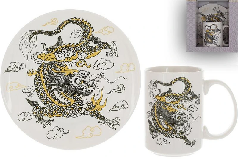 Чайна порцелянова пара "Дракон на білому" кухоль 500мл, тарілка Ø20см