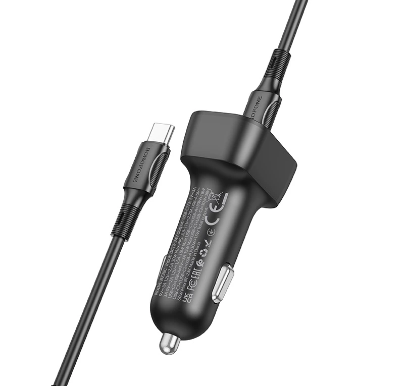 Автомобільний зарядний пристрій BOROFONE BZ28C Trophie PD60W(2C1A) car charger set(C to C) Black — фото 3
