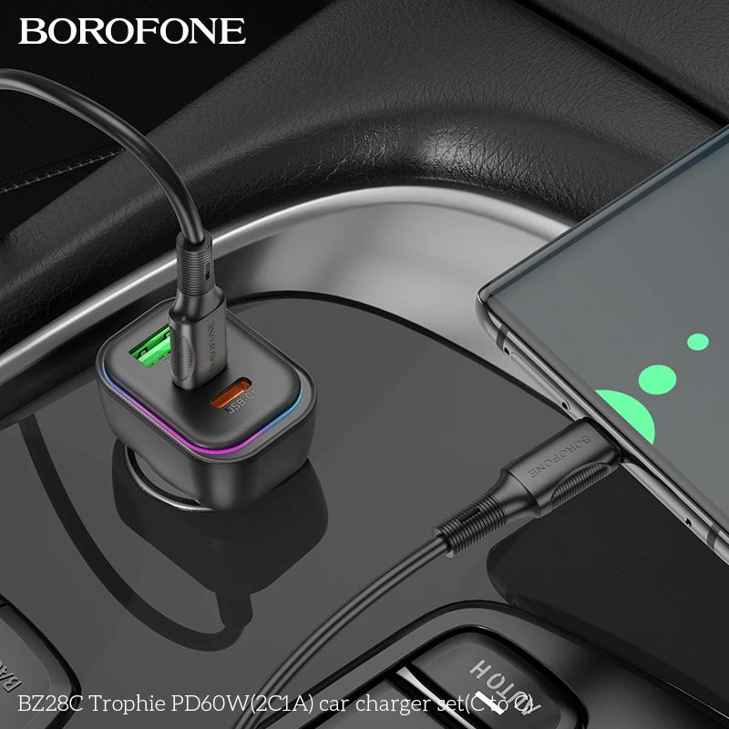 Автомобільний зарядний пристрій BOROFONE BZ28C Trophie PD60W(2C1A) car charger set(C to C) Black — фото 8