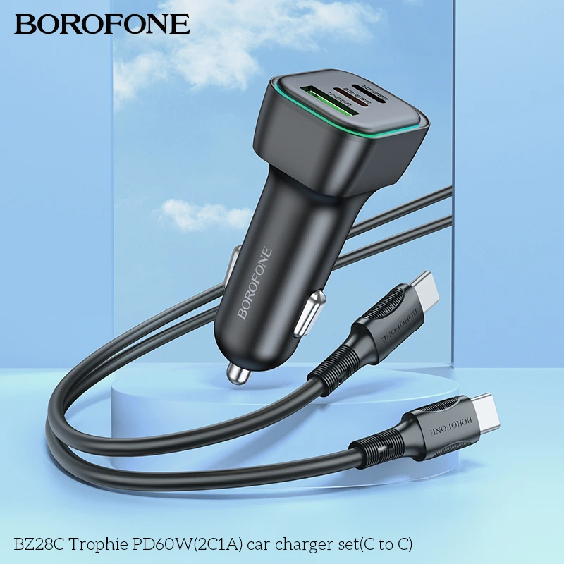Автомобільний зарядний пристрій BOROFONE BZ28C Trophie PD60W(2C1A) car charger set(C to C) Black — фото 9