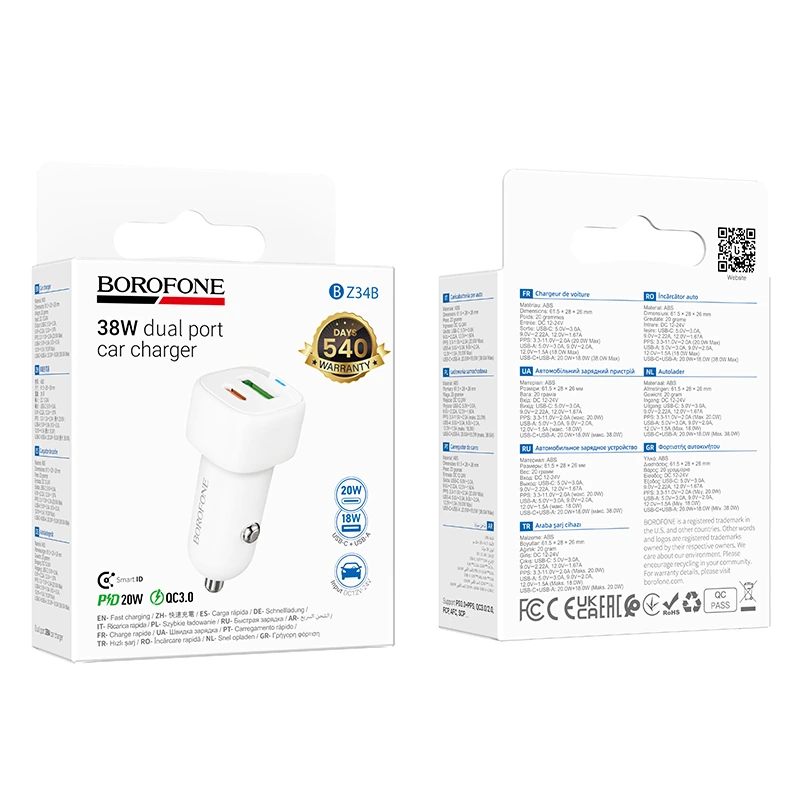 Автомобільний зарядний пристрій BOROFONE BZ34B Cloud PD38W(1C1A) car charger White