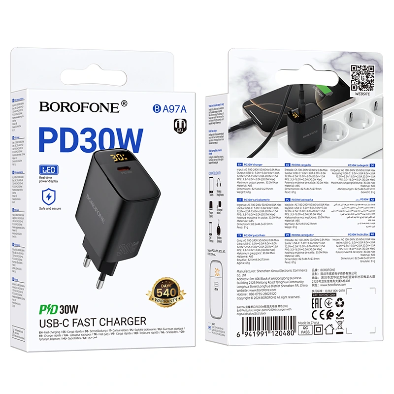Мережевий зарядний пристрій BOROFONE BA97A Ilustre single-port PD30W charger with digital display (EU) Black
